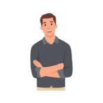 Accueil young smiling man cartoon character keeping arms crossed businessman standing with folded arms pose flat illustration isolated on white background free vector